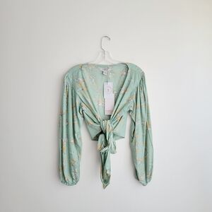 NWT Yireh Zoe Floral Sage Wrap Long Sleeve Crop Festival Top
